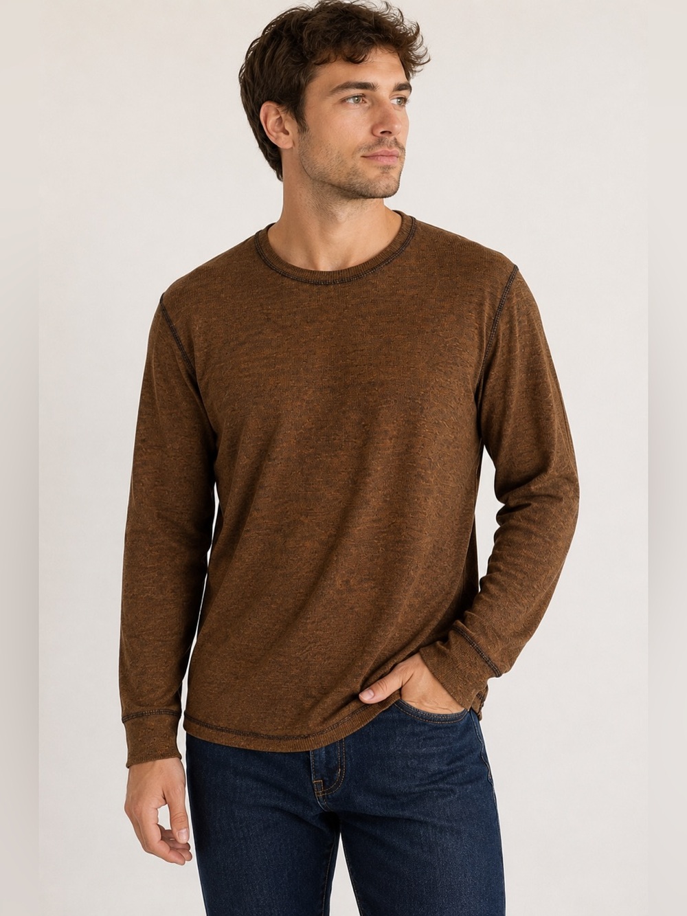 Mens Reclaim Thermal Brown Heathered Long Sleeve Thermal Knit Crewneck Size Med